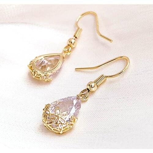 Hot Fashion Delicate Shining Gold Metal Waterdrop Crystal Pendant Earring Link Chain Necklace for Bridal Bride Noiva Wedding