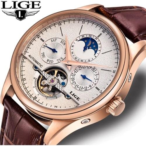 New LIGE Fashion Men Watches Top Brand Luxury Tourbillon Automatic Mechanical Watch Men Casual Leather Waterproof Sport Watch