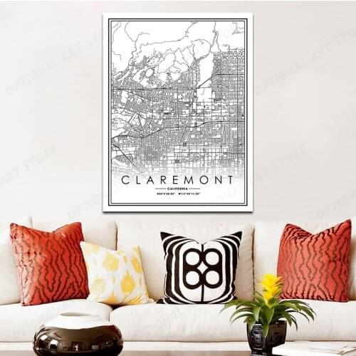 Black Line City Map Poster CLAREMONT Nordic Canvas Painting Prints and Posters Wall Art Pictures for Home Decor