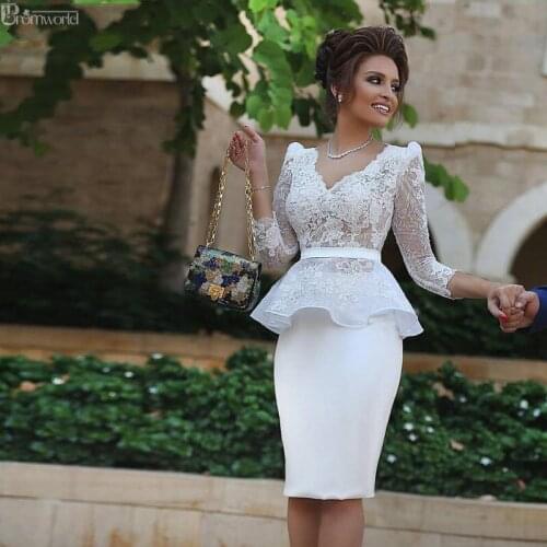 Elegant Cocktail Dresses White 2021 V-neck 3/4 Sleeves Lace Knee Length Party Gown Graduation Homecoming Dresses