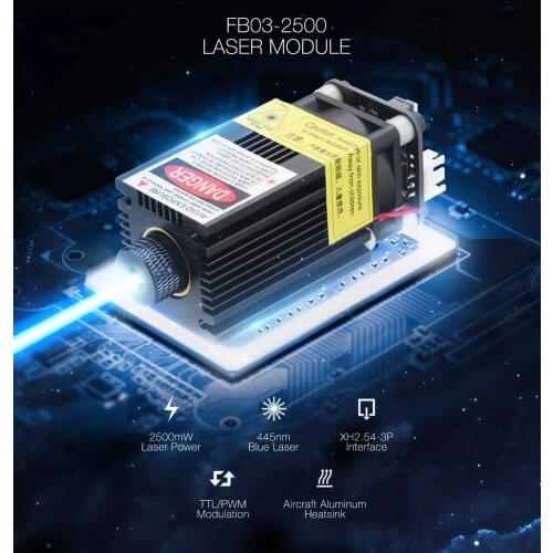 FB03-2500 2500mW 445nm Blue Laser Module 2.54-3P TTL/PWM Modulation DIY Engraver for EleksMaker