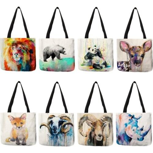 Customize Watercolor Animal Art Tote Bag For Women Student Girl Unique School Bags Travel Beach Totes Folding