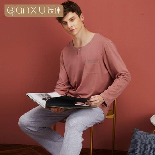 Autumn Mens Pure Color Pajamas Sets Long Sleeve o-Neck Man Sleepwear Suit Leisure Male Pullover Nightwear Set Can Wear Outside