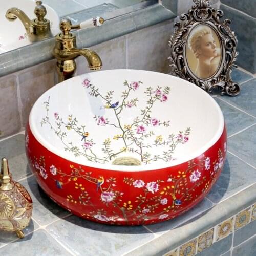 Red China Artistic Handmade Engraving Ceramic wash basin Lavobo Round Counter top ceramic wash hand basin art basin
