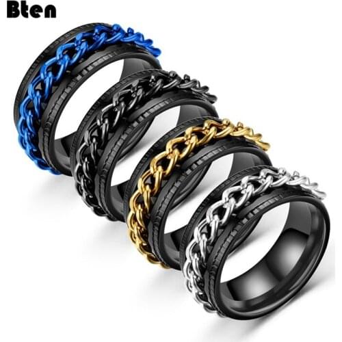 Bten 8mm Cool Black Spinner Chain Ring for Men Tire Texture Stainless Steel Rotatable Links Punk Male Anel