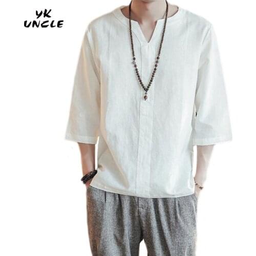 YK UNCLE Brand 2017 Comfortable Fashion Sleeves V-neck Mens Shirts Male Casual Linen Shirt Men Plus Asian Size 4XL 5XL Camisas