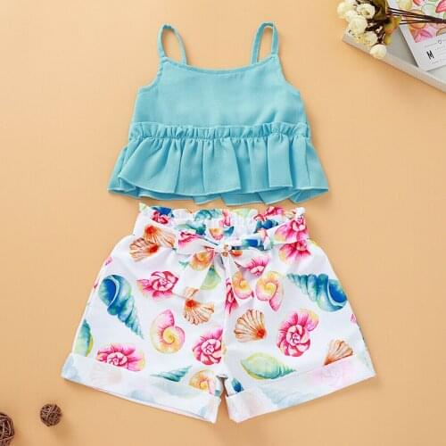 Wholesale Girls Clothes Toddlers Baby Girls Beach Fancy Clothes Sets Sleeveless Ruffle Tops+Floral Shorts Set Outfits 1-5Y