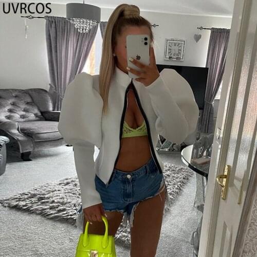 UVRCOS Autumn Clothes Women Sheath Coat Harajuku Casual Irregular Puff Sleeve Oversize Sleeve Stand Neck Zip Up Femme Streetwear