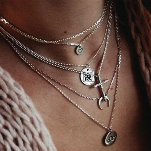 6 Pcs/Set Bohemian Women Necklaces Set Heart Cross Crystal Moon Carved Eyes Pendant Silver Color Necklace Birthday Gift Jewelry