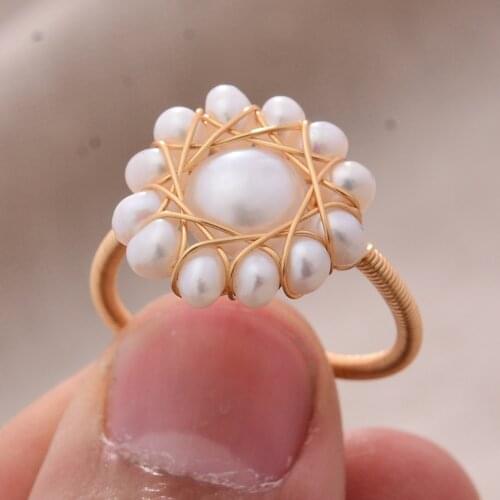 Original Handmade 14K Gold Filled Natural Freshwater Pearl Sunflower Ladies Engagement Ring Jewelry Girlfriend Best Gift