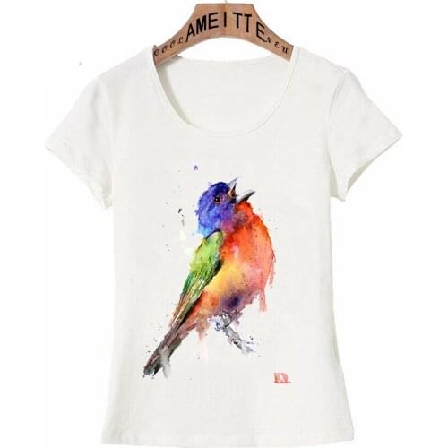 Cute Bird Song And Nagao Parrot Multi-Colored Print T-Shirt Fashion Women Short Sleeve White Unisex Tees