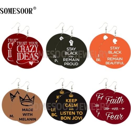 SOMESOOR Stay Black And Remain Beautiful Proud Sayings Wooden Drop Earrings Melanin Faith Over Fear Printed Women Wood Jewelry