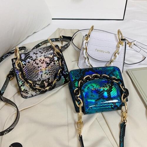 Retro Snake Printed Women Shoulder Handbags Casual PU Leather Acrylic Chain Mini Square Crossbody Bag Serpentine Mongy Purses