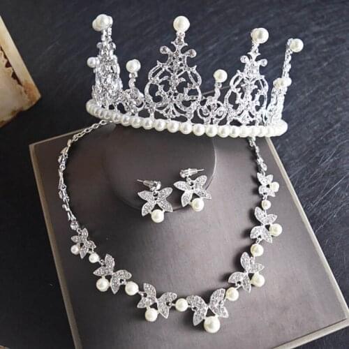 Bridal Pearl Crown + Pendant & Earrings Exquisite Necklace Dowry Jewelry Set Beautiful New Wedding Headwear Accessories SJT002