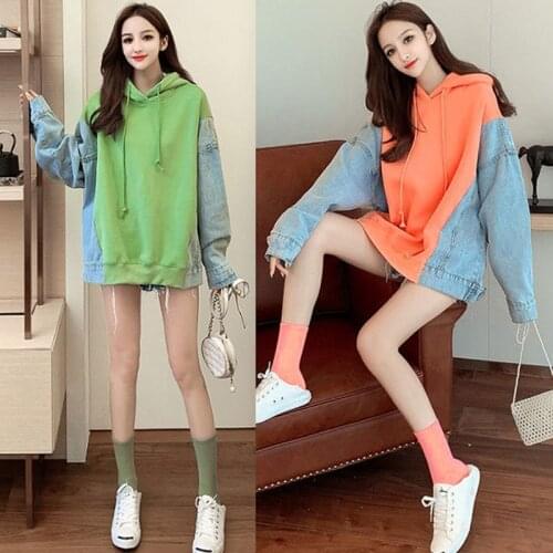 Hooded Sweatshirt Womens Pullover 2020New Spring Autumn Korean Mid-Length Stitching Denim Loose Casual Fashion Sweat Female A429