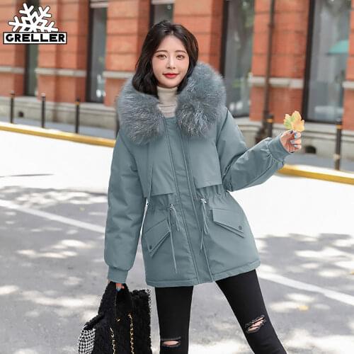 GRELLER Warm Thicken Winter Women Jacket Solid Loose Fur Collar Hooded Cotton Padded Coat for Ladies Casual Wool Liner Parkas
