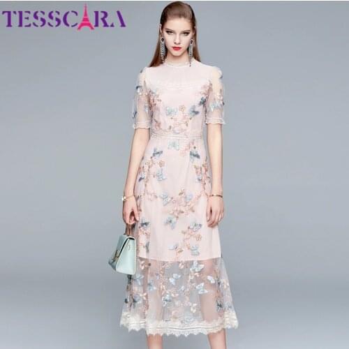 TESSCARA Women Luxury Embroidery Mesh Dress Festa High Quality Butterfly Pink Wedding Party Robe Femme Vintage Designer Vestidos