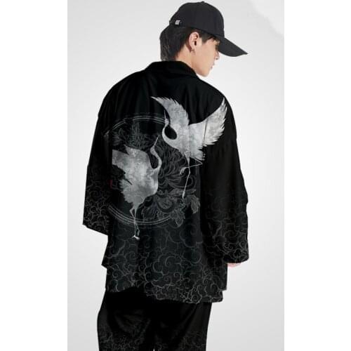Crane Printing Japanese Kimono Cardigan Men Clothing T-Shirt Samurai Costume Kimono Streetwear Asian Clothes Haori Yukata 30993