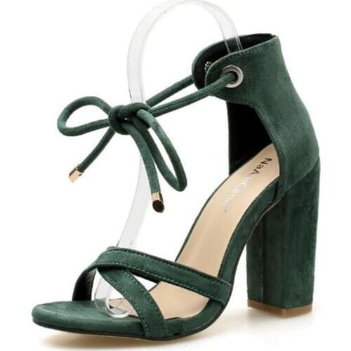 Occupation Leisure Women Sandals Office Ladie Dress Shoe Round Toe Flock 10.5CM Thick High heels Lace Up women shoes size 35-42