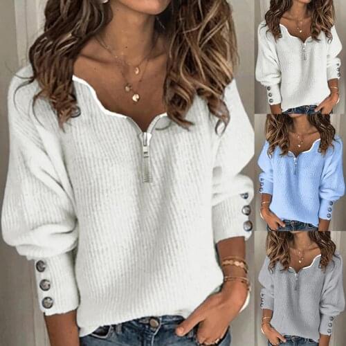 Women Chic Sexy Knitted Tops Autumn Zip V Neck Long Sleeve Buttons Cuff Loose Pullover Sweater Blouse 2021 New Fashion Pullovers