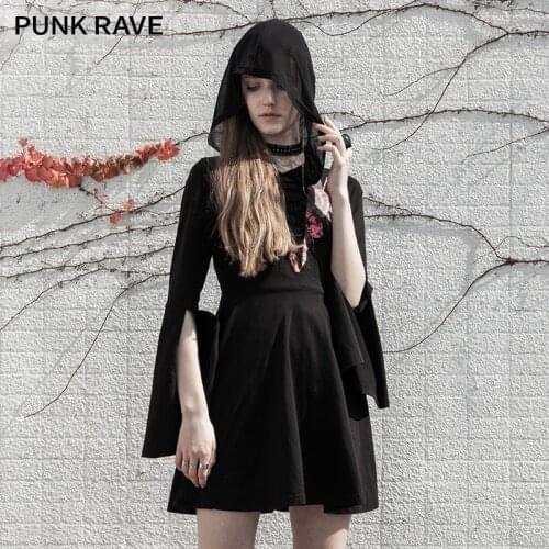 PUNK RAVE Girls Black Hooded Temperament Cape Dress Gothic Daily Fashion Casual Mystery Short Dress Spring Autumn