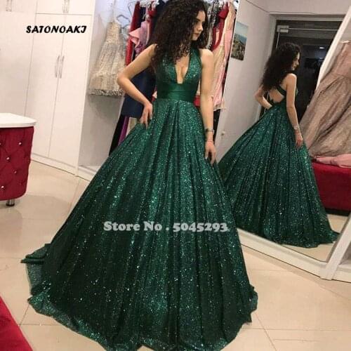 2020 Modest Dark Green Sequins Prom Dresses Elegant Deep V Neck Party Gown Vestidos De Fiesta Robe Soiree Celebrity Sukienki