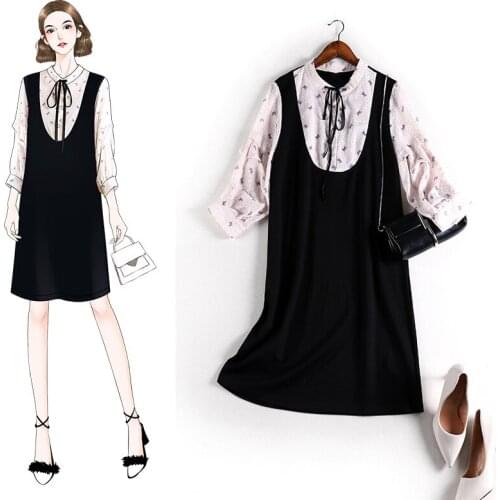 4XL 5XL summer false two piece knee length dress 2020 women printed 3/4 sleeve plus size loose dresses JC69