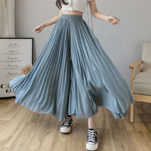 6XL Plus Size Summer Beach Boho Pleated Chiffon Pants For Women Loose Drape Wide Leg Skirt Pants Women High Waist Trousers C7509