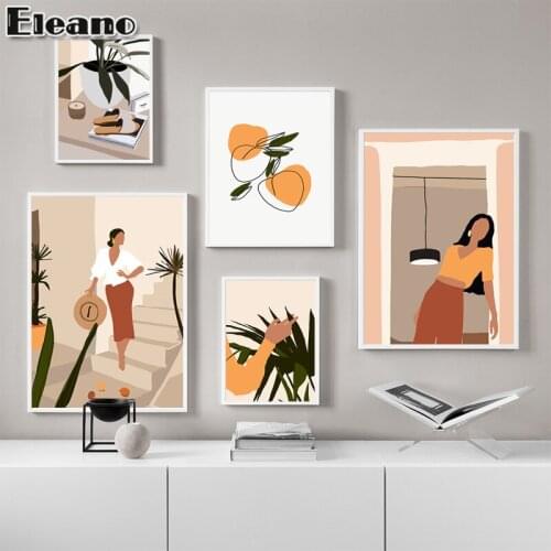 Abstract Orange Fashion Vintage Girl Poster and Prints Canvas Painting Wall Art Nordic Plant Flower for Living Room Home Decor
