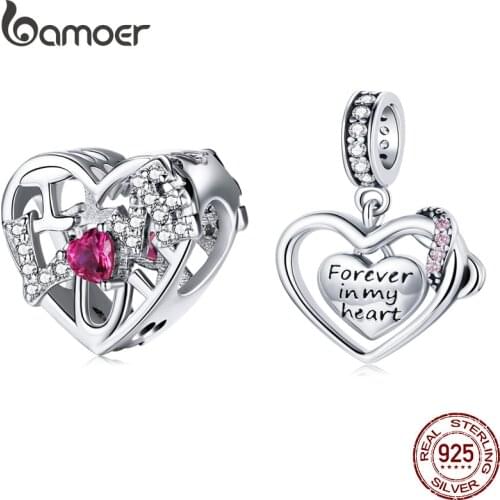 Bamoer 925 Sterling Silver Shining Infinite Love Charm Forever Heart Pink Zircon Hollow Bead Pendant for Bracelet Bangle BSC479