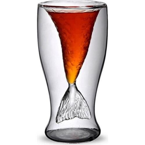Clear 100ml Mermaid Shape Double Glass Wall Beer Wine Whisky Drinking Beer Mug for Bar Party Wedding Decoration