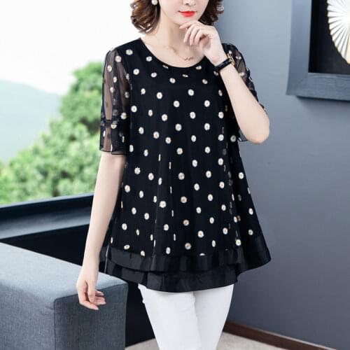 Large Size Women Summer Short Sleeve Loose Blouses Shirts Ruffle Temperament Tops O-Neck Casua Chiffon BlusasMM0162