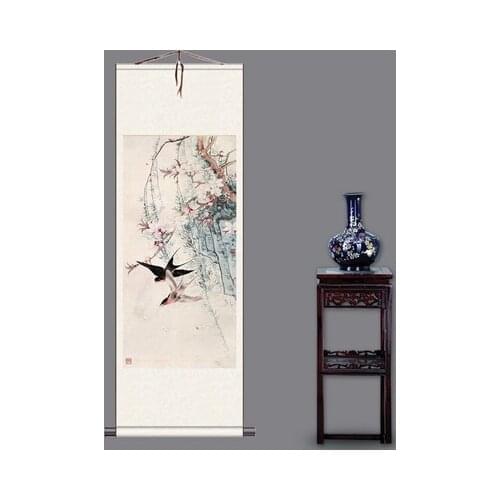 Pear flower, double swallow figure, antique silk scroll painting, living room decoration (silver)