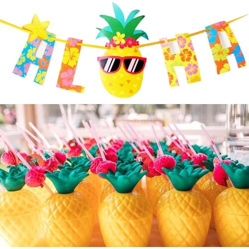 Pineapple Aloha Banner Drink Cups Hawaii Luau Bunting Garland Beach Party Decoration Tropical Summer Pool Party Supplies