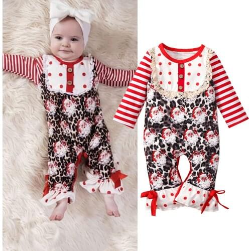 0-24 M Cotton Toddler Christmas Jumpsuit Santa Print Stripe O-Neck Longs Sleeves Siamese Trousers Rompers For Baby Girls Boys