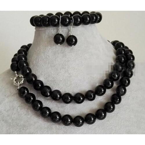 Handmade 10mm Natural Black Round Beads Necklace Bracelet Earring Set