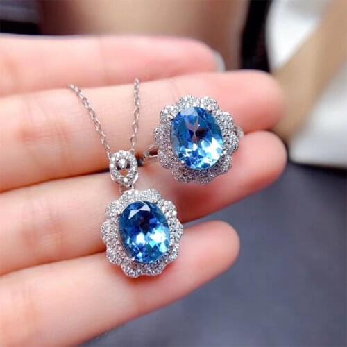 Yanleyu Authentic 925 Sterling Silver Jewelry Set Blue Sapphire Open Ring Necklace Pendant Wedding Jewelry for Women PS012