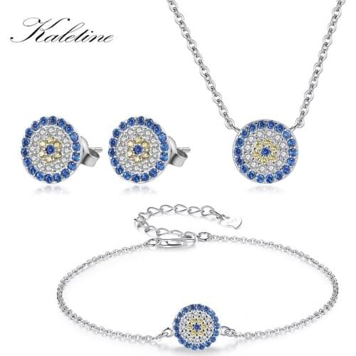 KALETINE Bridal Jewelry Sets 925 Sterling Silver Necklace Women Earrings Bracelet Blue Zircon Turkey Round Evil Eye Jewelry Set