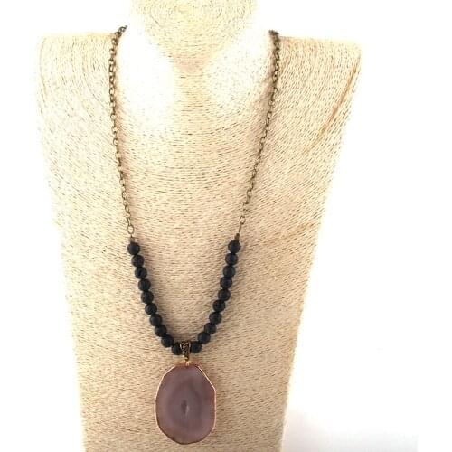MOODPC Fashion Jewelry 8mm Natural Stone/Chain Gray Agat Pendant Necklaces For Women Ethnic Necklace