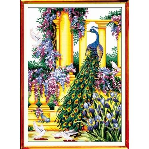 Purple flowers & peacock cross stitch kit animal Aida counted 18ct 14ct 11ct printed embroidery DIY handmade needlework supply