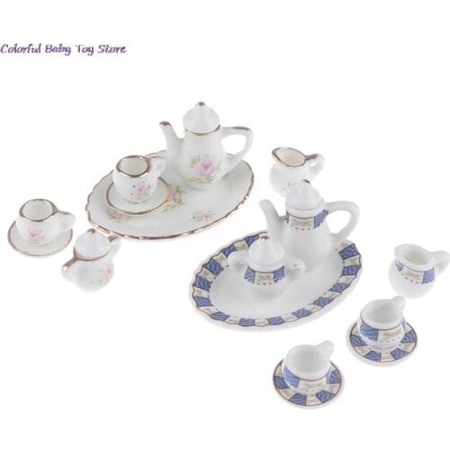 8pcs Dollhouse Miniature Porcelain Tea Cup Sets Mini Teapot Coffee Plate Play Kitchen Dining Tableware Toy