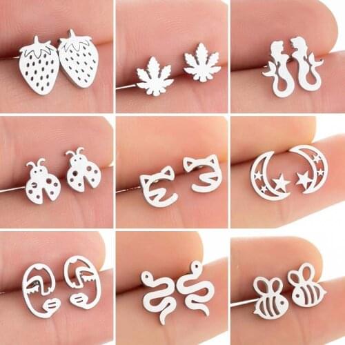 Stainless Steel Snake Earring Insect Cat Face Moon Mermaid Bee Strawberry Stud Earrings for Men Woman Simple Casual Jewelry Gift