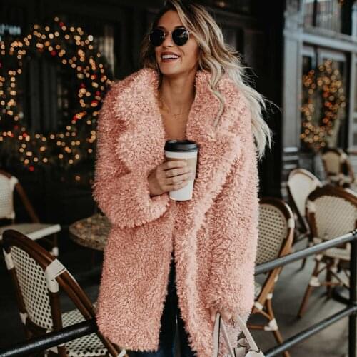 NORA TWIPS Winter Plush Overcoat Warm Outerwear Women Solid Faux Fur Coat Turn Down Collar Long Sleeve Cardigan Female Outwear