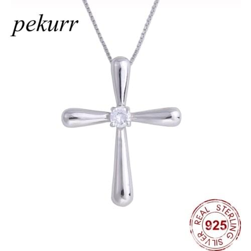Pekurr 925 Sterling Silver Zircon Round Cylinder Big Cross Female Pendants Long Chain Necklaces For Women Collar Jewelry Gift
