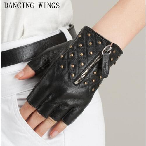 Novelty Genuine Leather Gloves Men And Women Black Fingerless Driving Gloves Fashion Rivet Zipper Sheepskin Mittens
