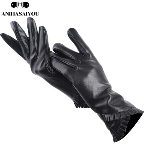 Fashion Black sheepskin womens gloves,Thicken womens winter gloves,Keep warm womens leather gloves-397