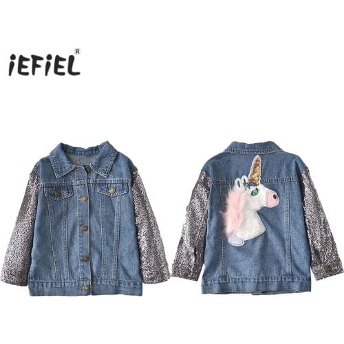 Kids Jean Jackets For Girls Spring Autumn Long Sleeve Children Clothing Outerwear Sequined Cute Horse Applique Jean Jacket Coat
