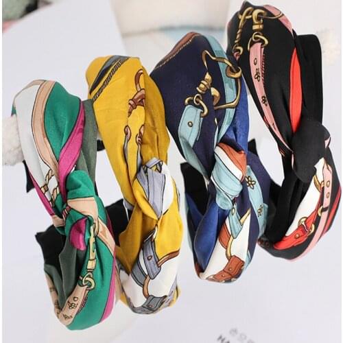 Simple Fashion Print Two-color Stitching Cross Twist Knot Headbands Women Retro Elastic Wide Hair Band For Girls