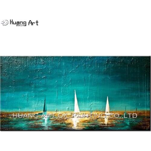 Hand Painted White Sailboat Seascape Painting on Canvas for Living Room Decor Modern Turquoise Landscape Acrylic Oil Picture Art