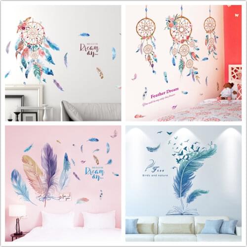 [shijuekongjian] Feathers Wall Stickers DIY Cartoon Plumage Mural Decals for Kids Rooms Baby Bedroom House Dormitory Decoration